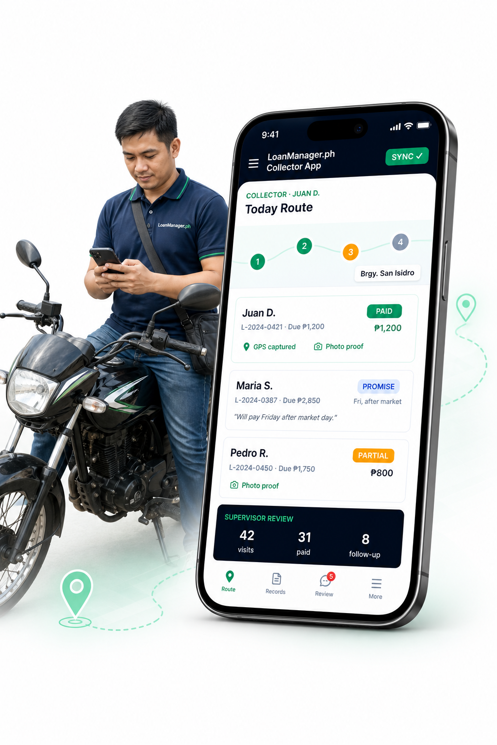 Male field collector with motorcycle using the LoanManager.ph collector app for GPS-tagged visits